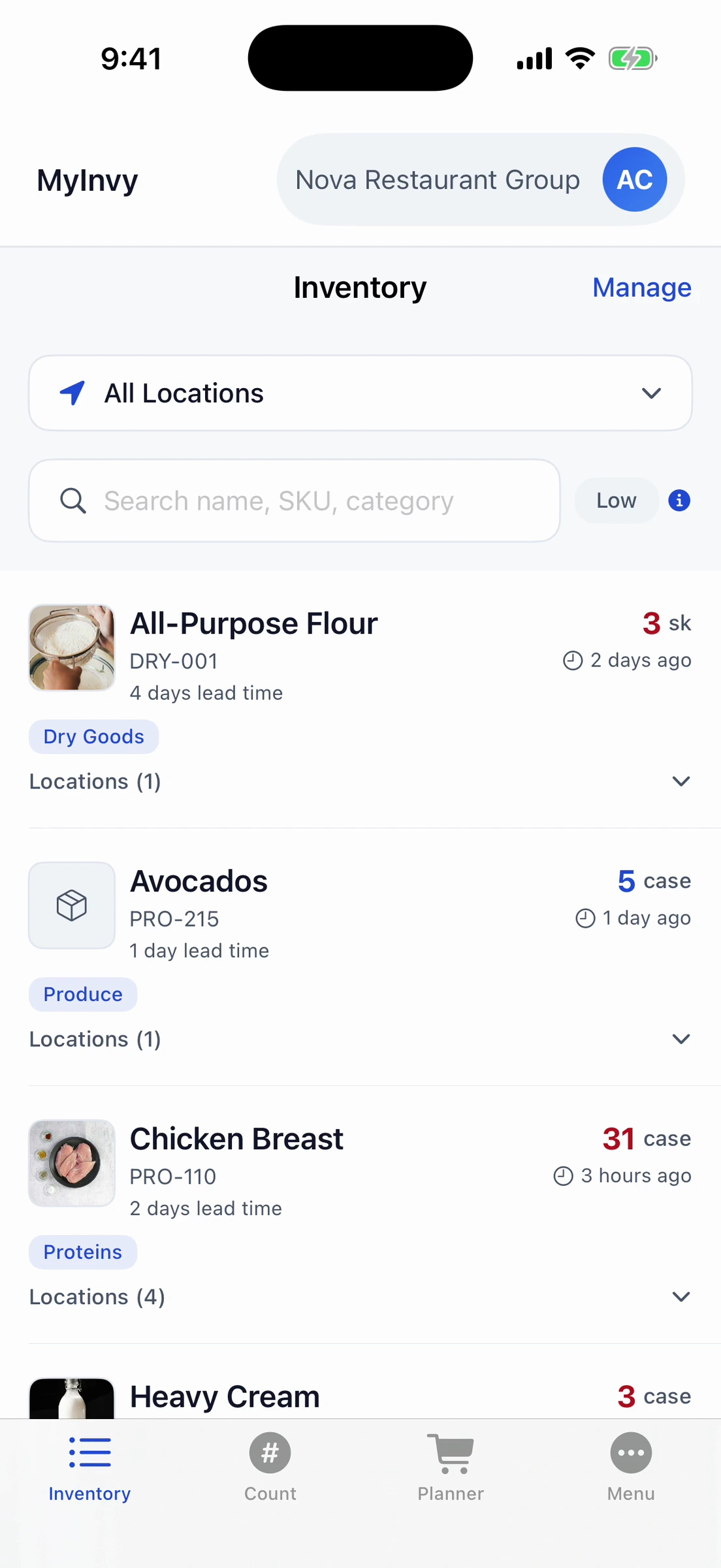 MyInvy iOS inventory overview: filter low-stock items, search Chicken Breast, and expand 31 cases across Catering Prep (6), Central Warehouse (18), Downtown Bistro (4), and Rooftop Bar (3)